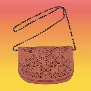 Retro Orange Peforated Pleather Purse w/ Bronze Beaded Metal Chain